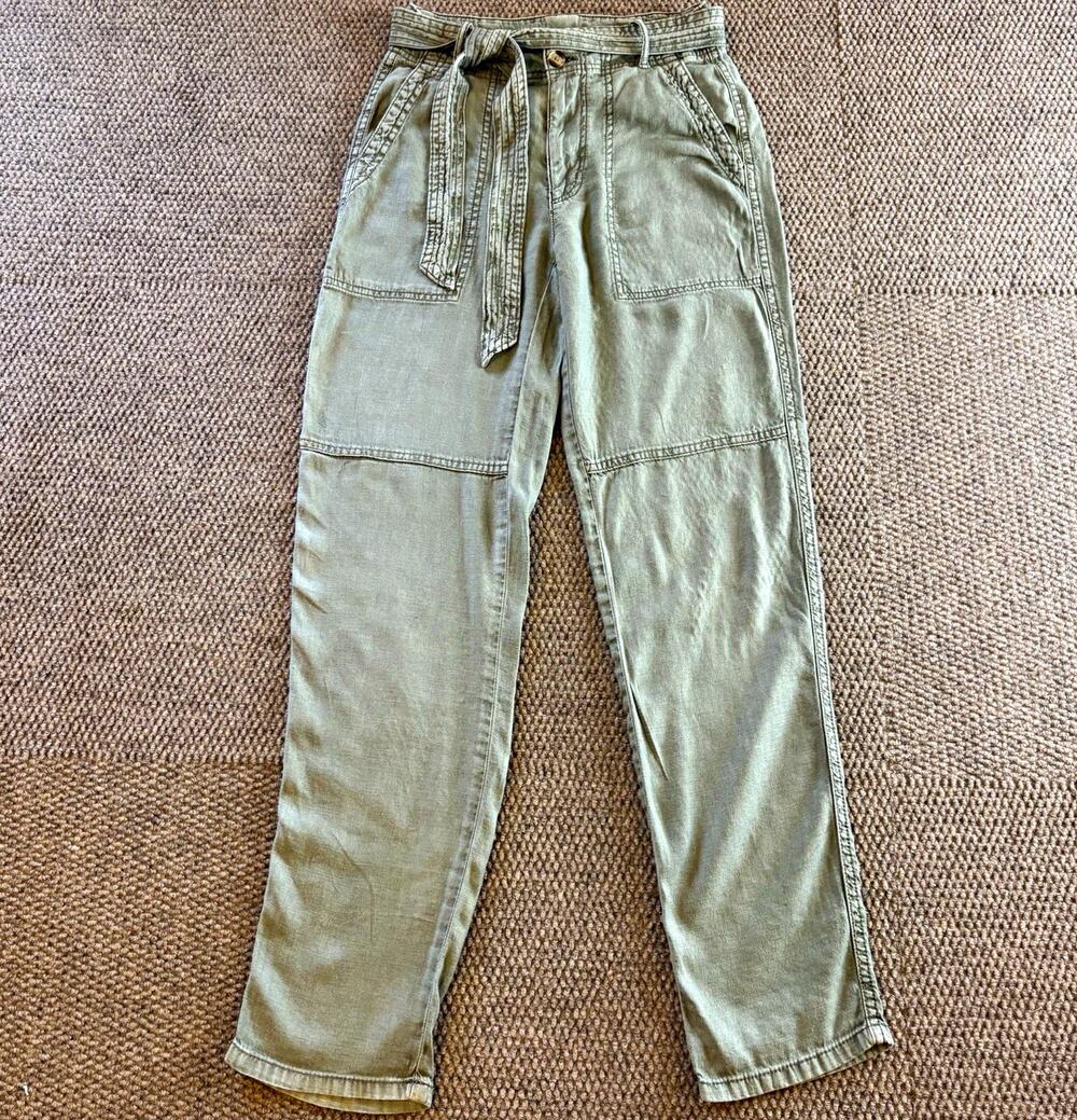 American Eagle Linen Blend Utility Pants Women 00 Olive Green Tie Waist Straight